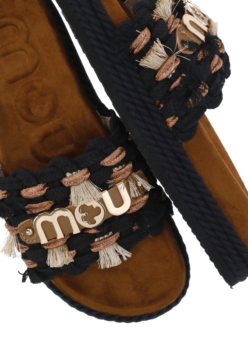 Shop Mou Black Leather And Fabric Sandals