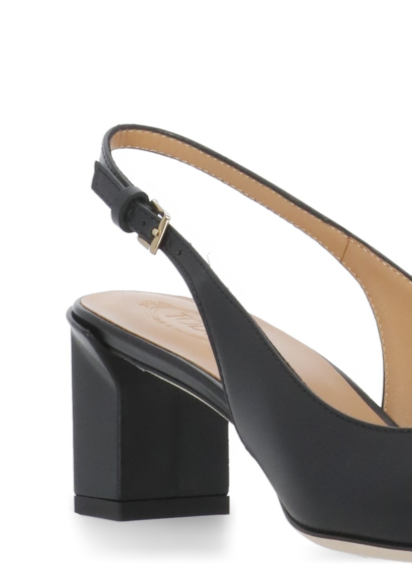 Tod's Square Toe Block Heel Gold-tone Hardware Slingback In Black