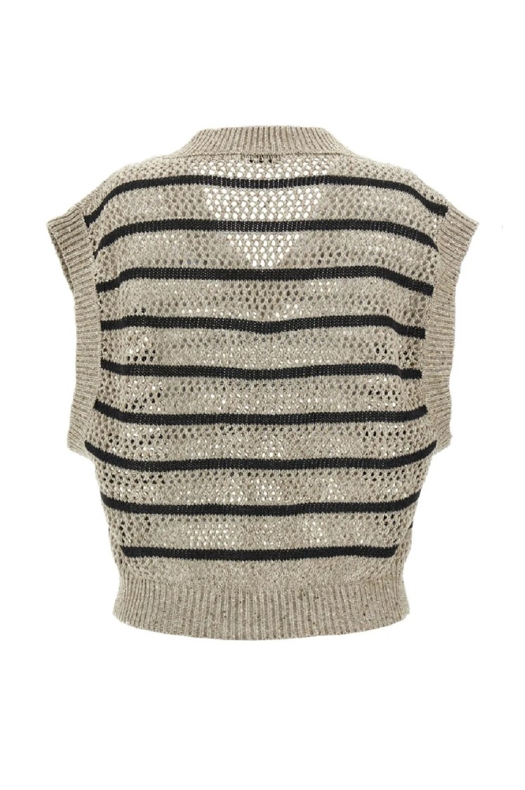 Brunello Cucinelli Cropped V-neck Knit Top With Textured Stripes In Multi