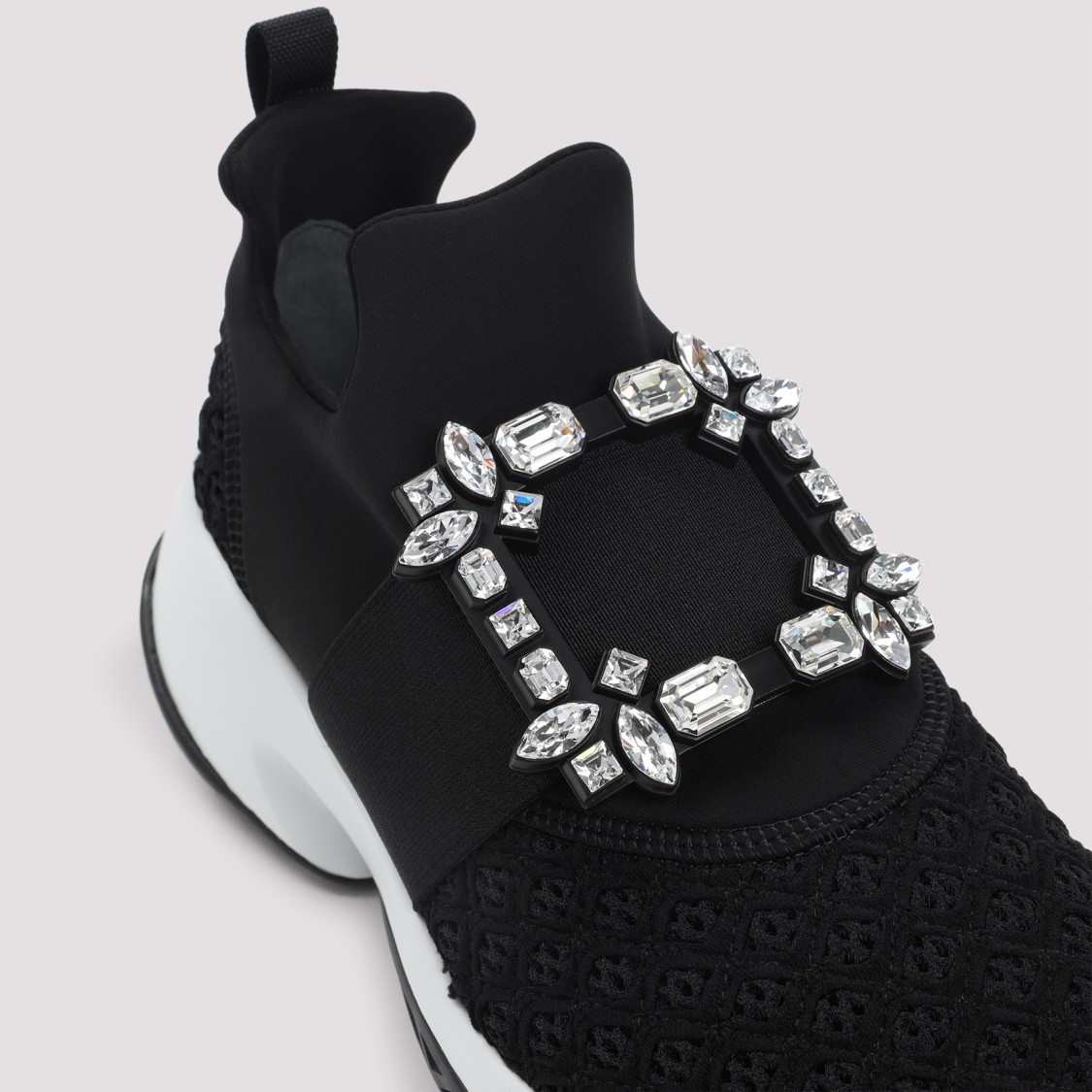 Roger Vivier Roger Viv Mesh Crystal Embellished Slip On Sneakers In Black Nylon