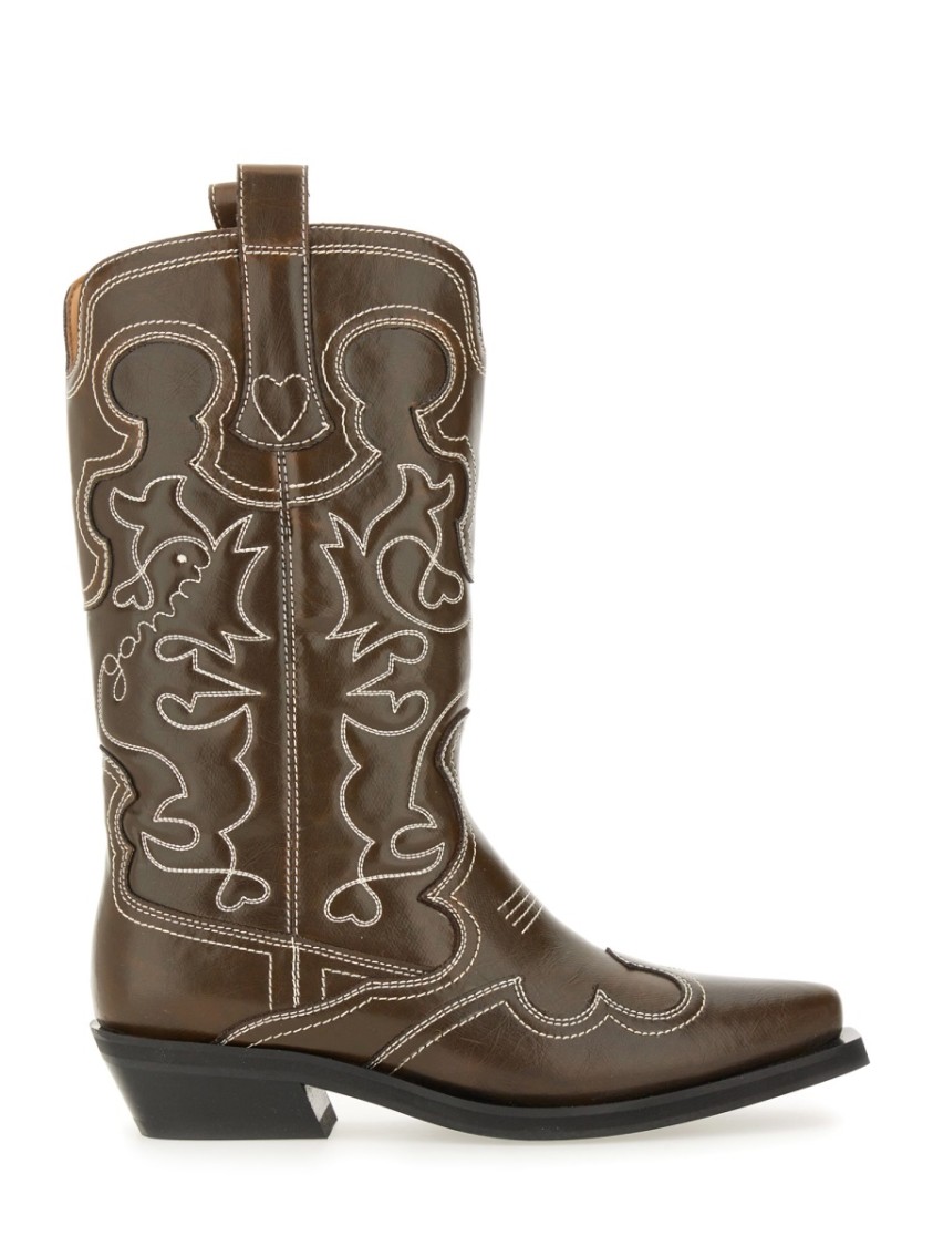 Ganni Stitched Western Style Pointed Toe Boots In Gray