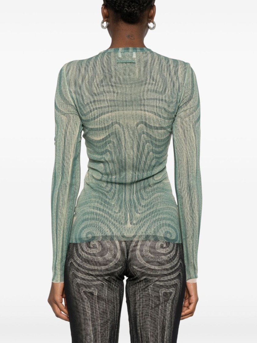 Shop Jean Paul Gaultier Green Mesh Top With Spiral Print Design
