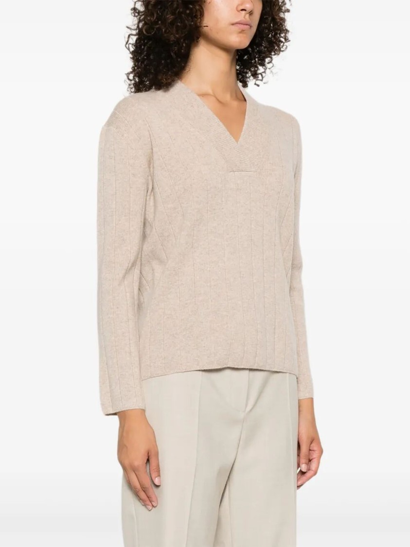 Max Mara Arten Ribbed V-neck Jumper In Neutral