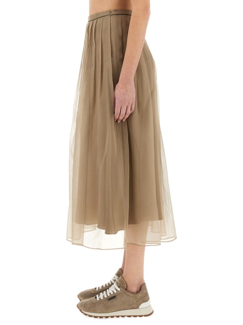 Shop Brunello Cucinelli Silk Pleated Midi Skirt In Neutrals