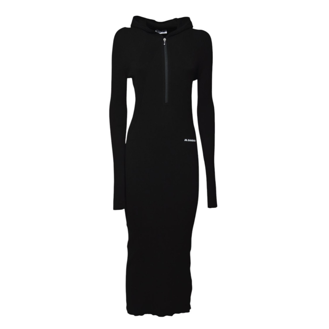 Jil Sander Wool Blend Dress With Hood And Ribbed Texture In Black
