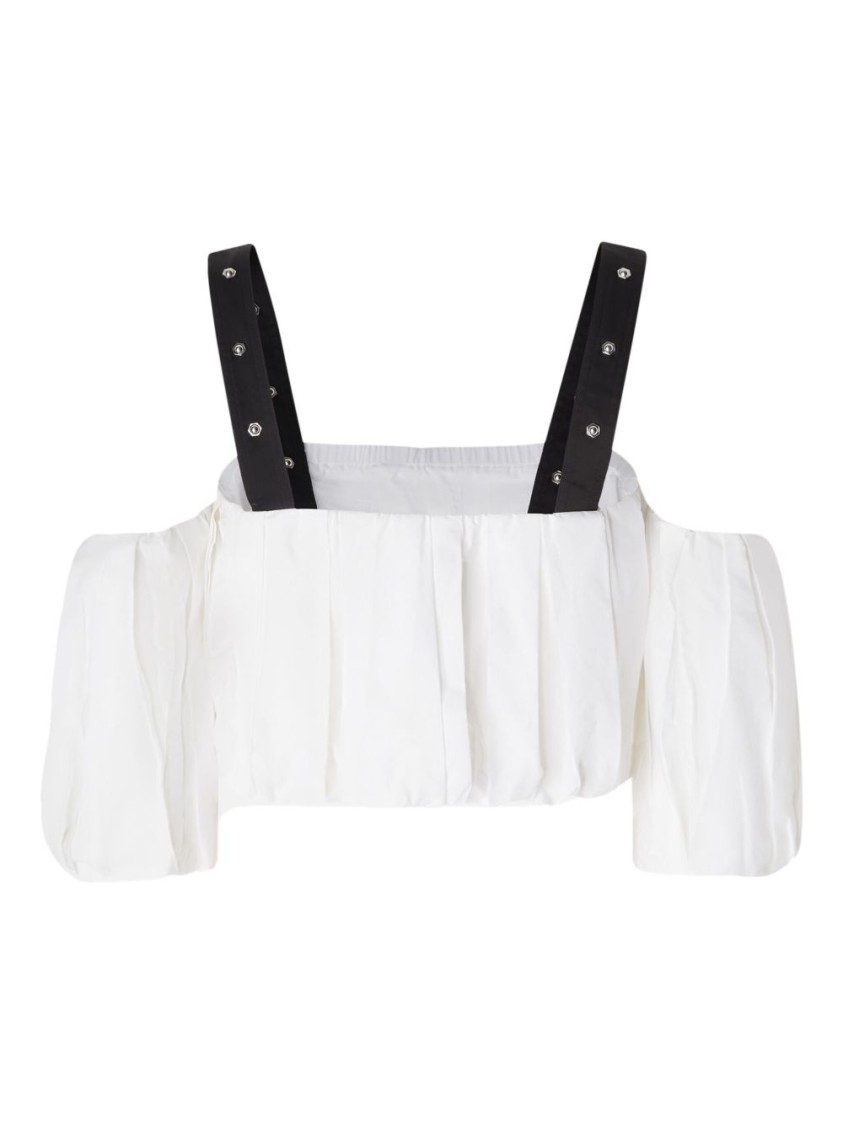 Pinko Cropped Beige Top With Puff Sleeves And Adjustable Straps