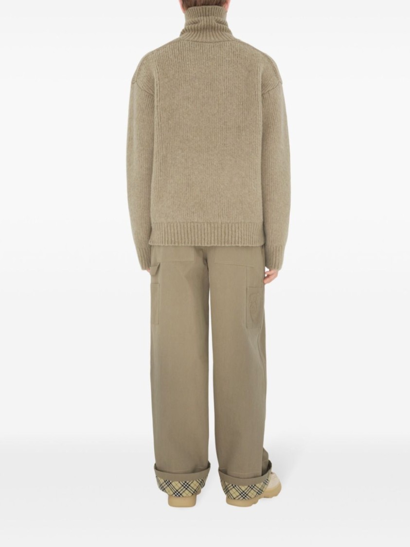 Burberry Beige Pants With Logo Embroidery On The Side And Turn-up Checked Hem In Cotton Man In Neutrals