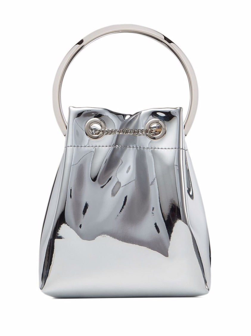 Jimmy Choo Structured Metallic Bucket Bag With Circular Handles In Silver