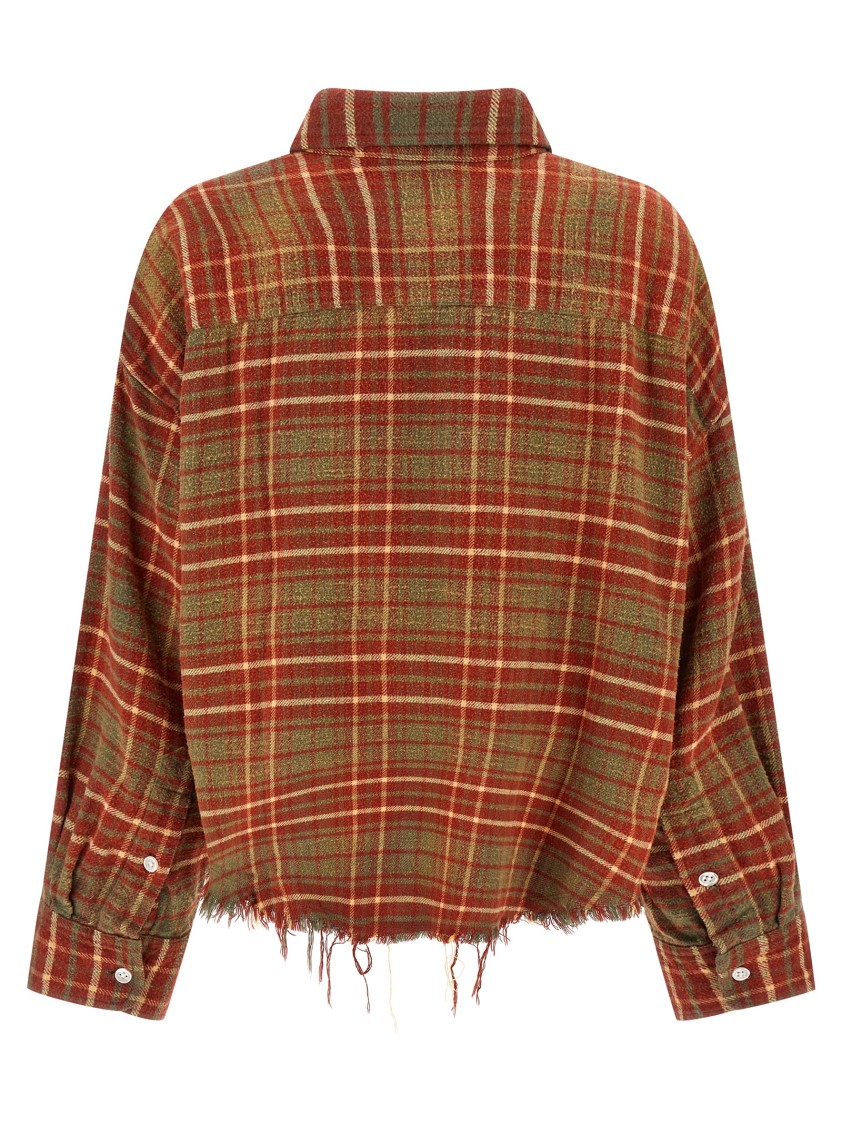 R13 Cropped Check Print Cotton Shirt With Fringed Asymmetric Hem In Brown