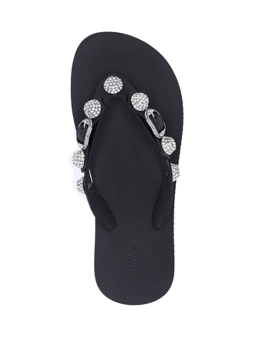 Balenciaga 'cagole' Black Rhinestoned Thong Sandals With Buckle On The Front In Tech Fabric Woman In Black