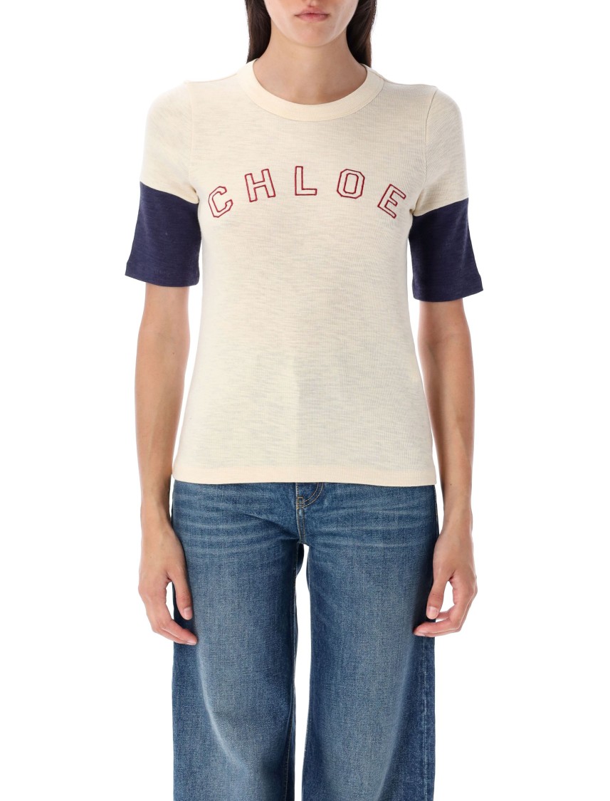 Chloé Wool And Cotton T-shirt With Logo In Neutral