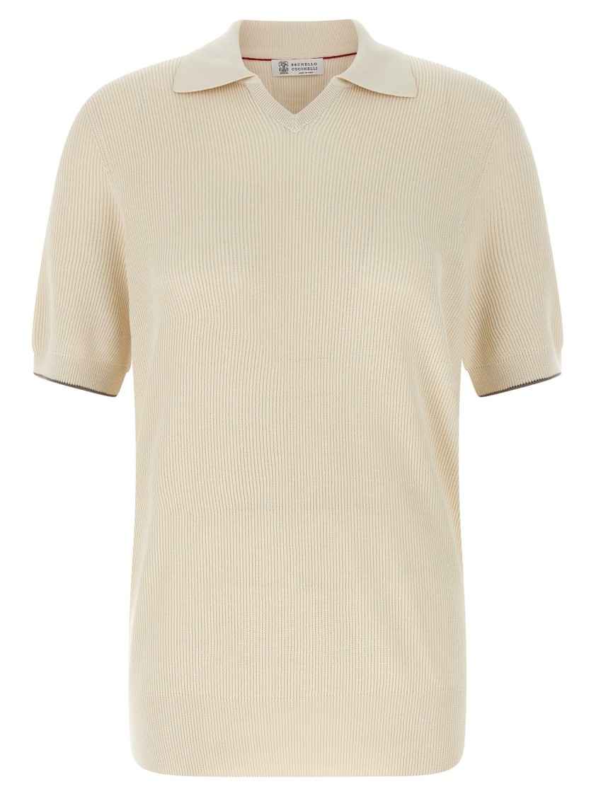Brunello Cucinelli Light Grey Ribbed Knit Cotton Polo Collar Sweater For Men In Multi
