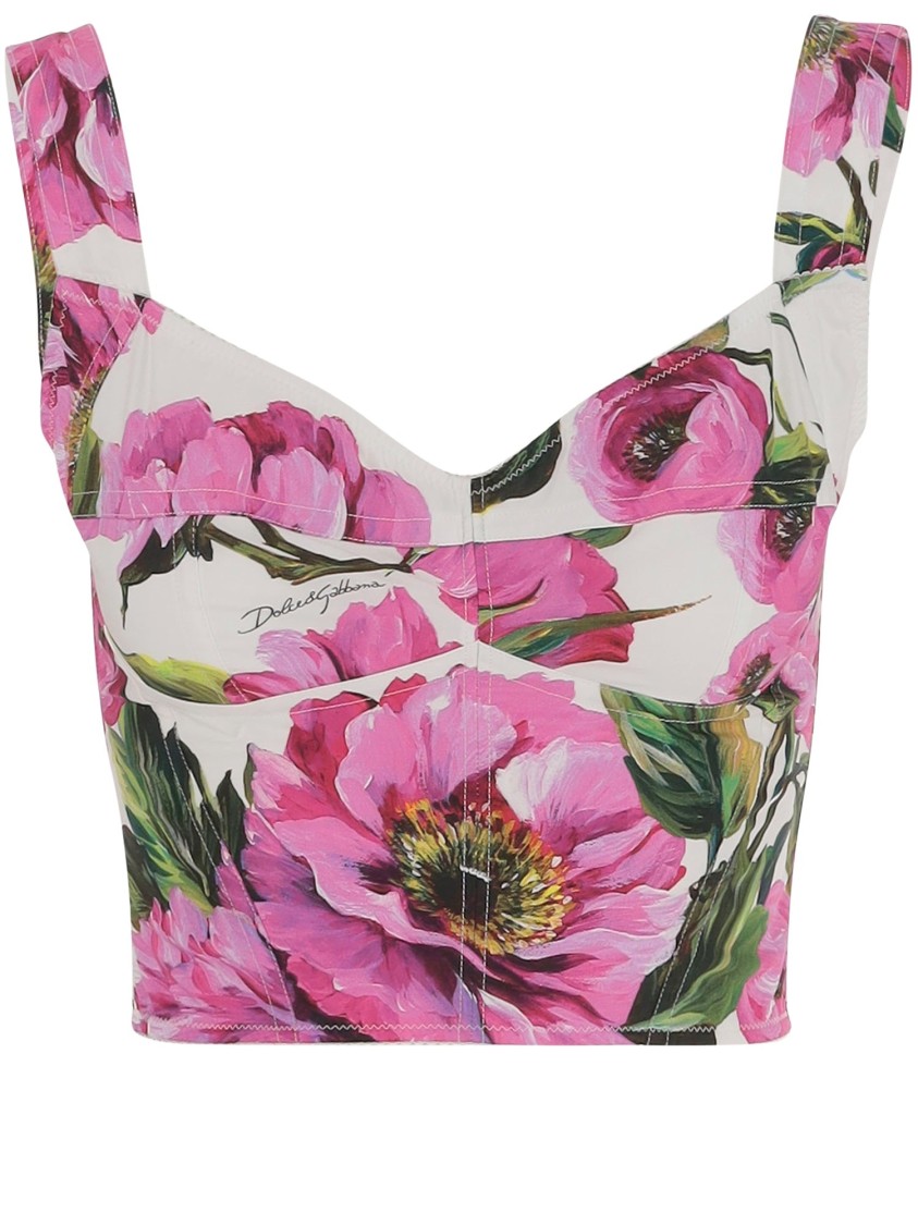 Dolce & Gabbana Pink Crop Top With All-over Printed Floral Motif In Cotton Blend Woman In Multicolor