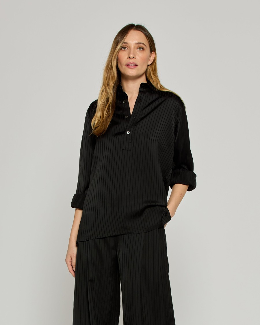 Serena Bute Satin Stripe George Shirt - Black In Black