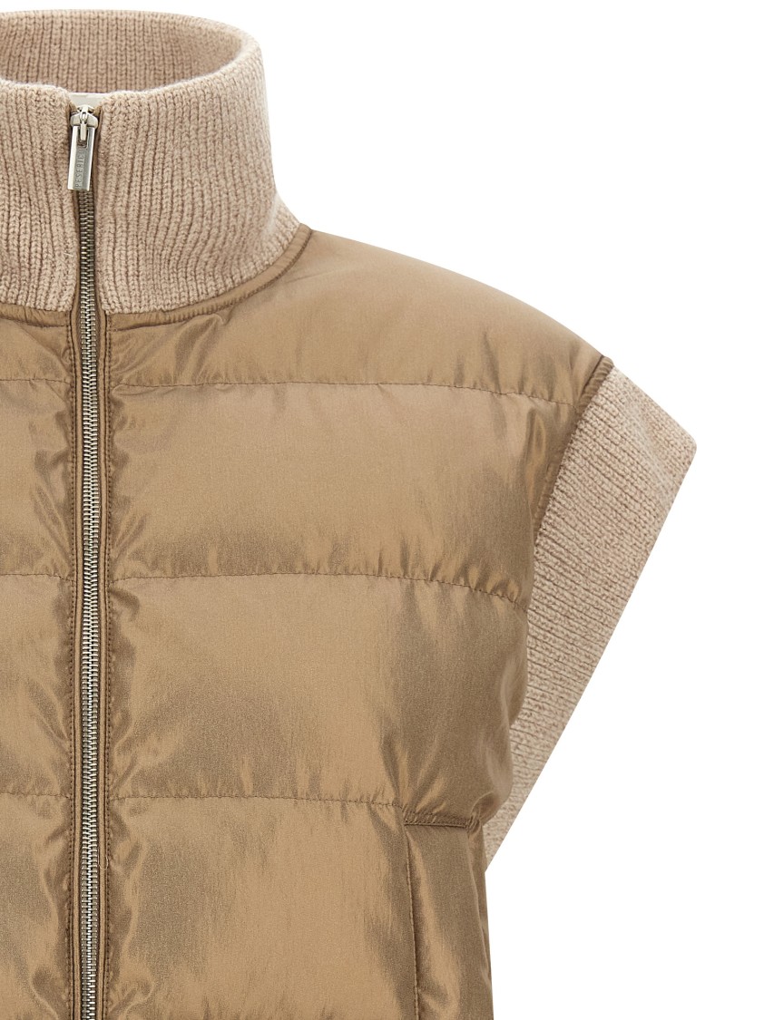Peserico High Collar Sleeveless Quilted Ribbed Vest In Brown
