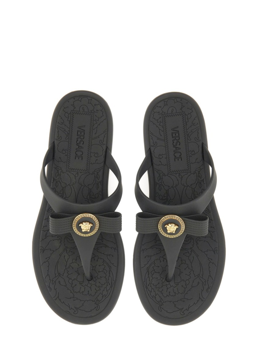Shop Versace Slide Sandal With "gianni Ribbon" In Black