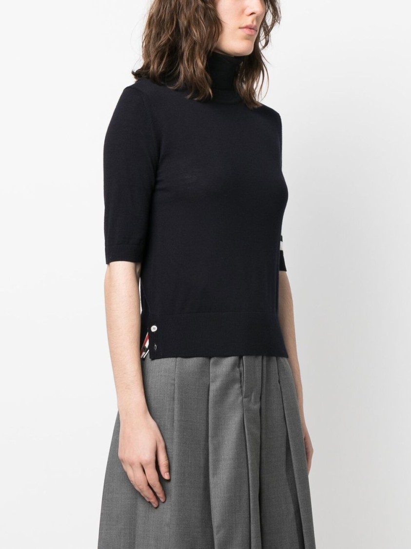 Thom Browne Fine Merino Wool Short-sleeve Turtleneck Sweater In Black