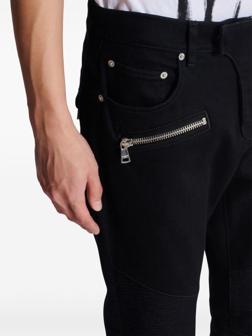 Shop Balmain Cotton Blend Black Denim Jeans With Multi-pocket Design