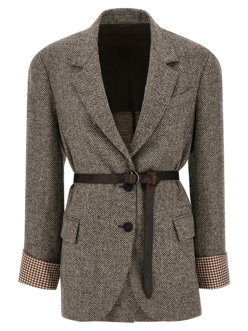 Brunello Cucinelli Tailored Houndstooth Blazer With Matching Waist Belt In Brown