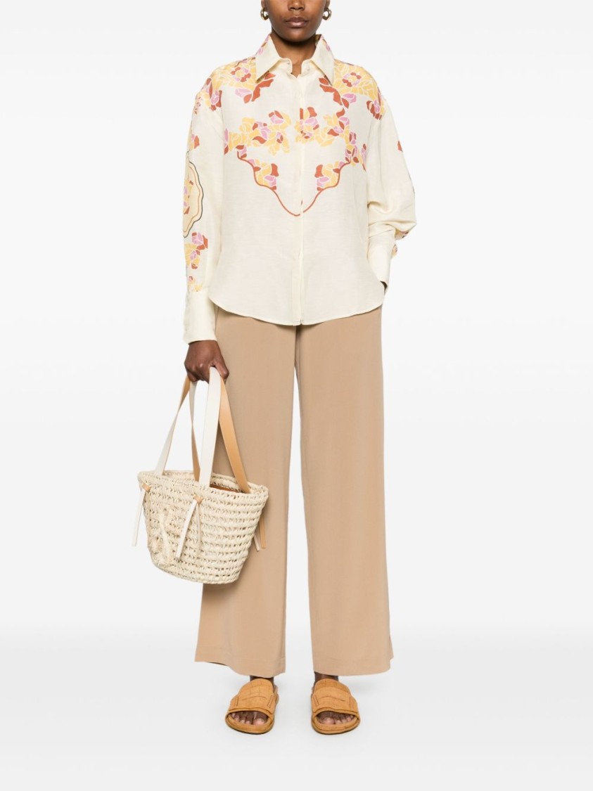 Shop Raquel Diniz Relaxed Ivory Linen Shirt With Floral Print In Neutrals