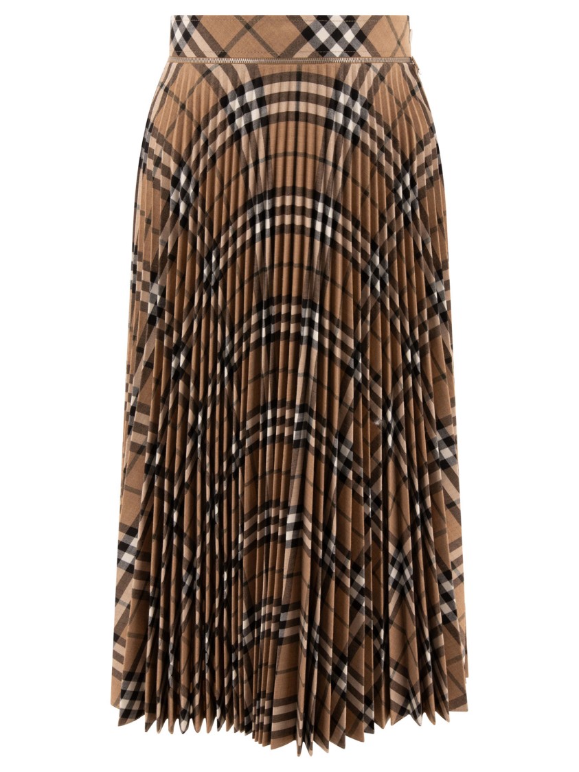 Burberry Wool Blend Pleated Check Skirt In Brown