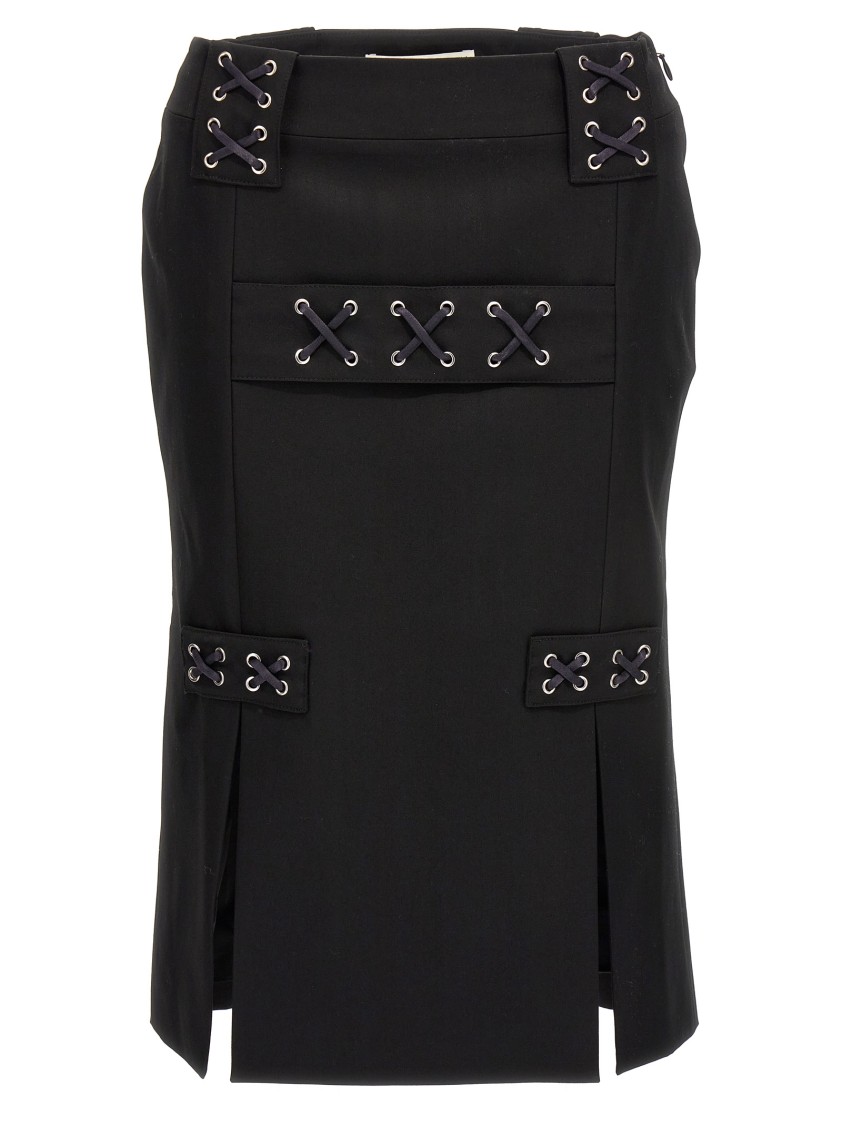 Alessandra Rich Lace-up Skirt With Fitted Silhouette And Slits In Black