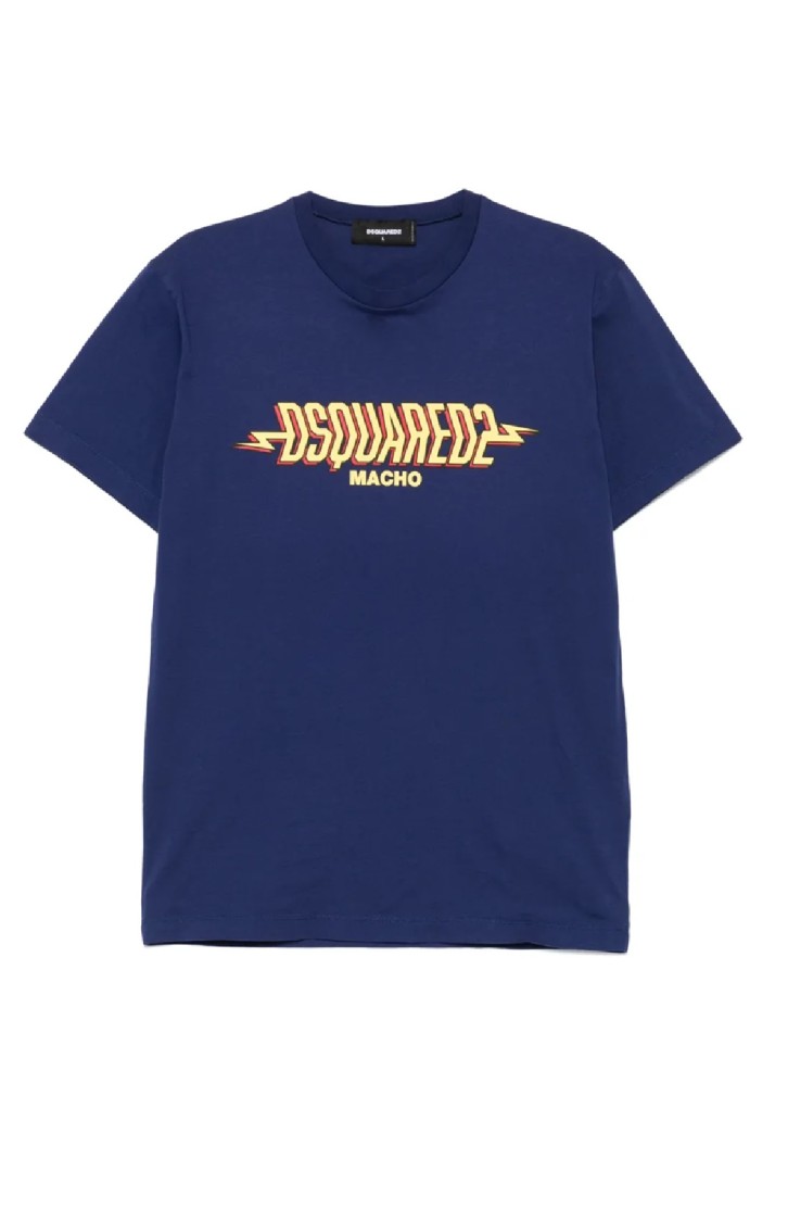 Dsquared2 Blue Crewneck T-shirt With Logo Print On The Front In Cotton Man In Blue