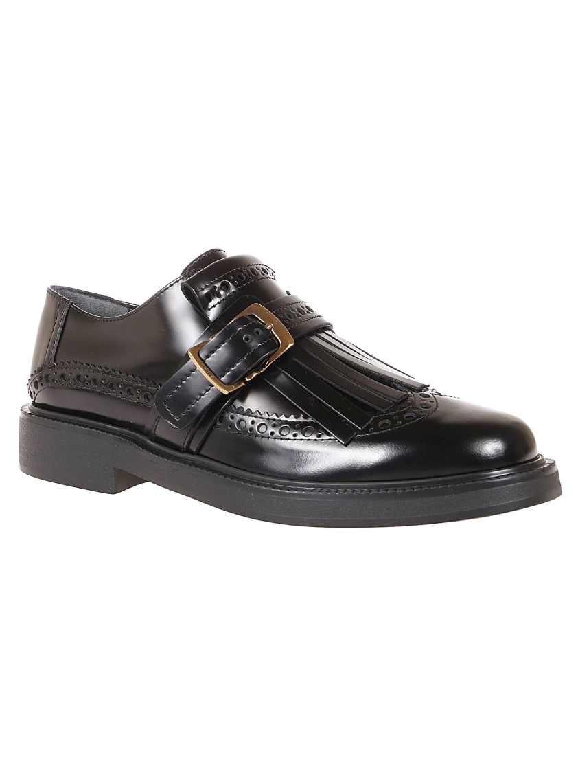 Tod's Leather Moccasins With Decorative Fringe And Buckle Strap In Black