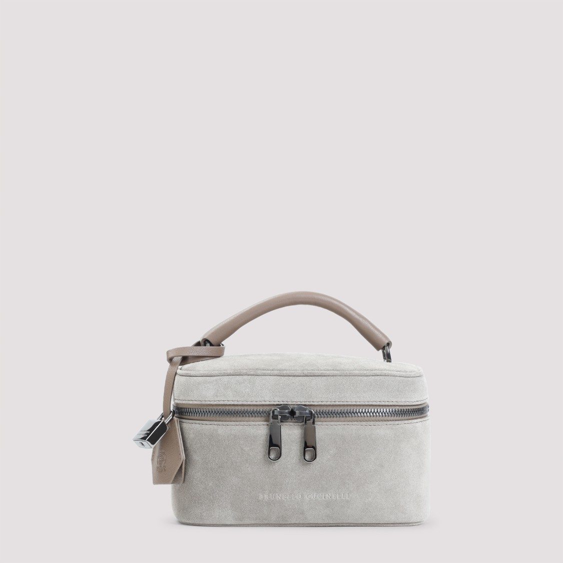 Brunello Cucinelli Structured Suede Leather Clutch With Top Handle In Gray