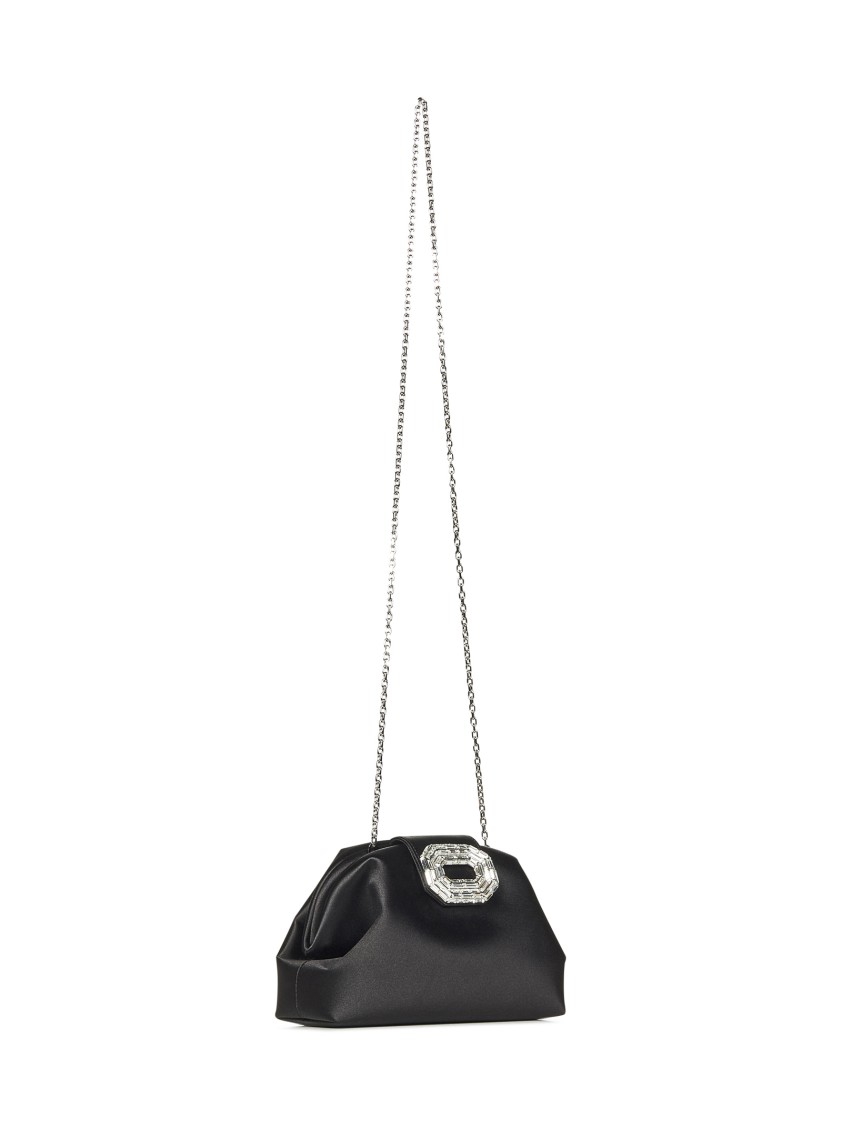 Amina Muaddi Rounded Black Satin Clutch With Mirrored Accent