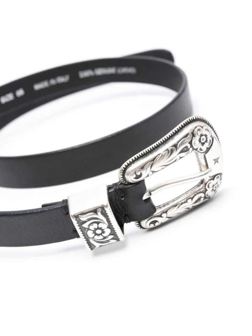 Golden Goose Black Cow Leather Belt With Intricate Silver Buckle In Black