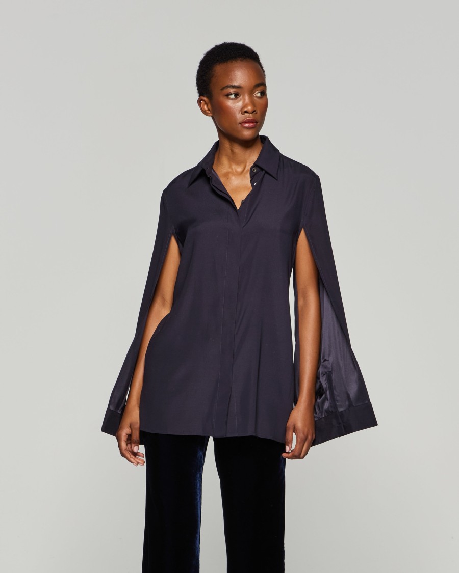 Serena Bute Silk Cape Sleeve Shirt - Midnight Navy In Black