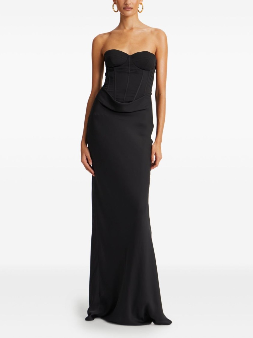 Rotate Birger Christensen Rotate Strapless Black Evening Dress With Fitted Bodice And Flowing Skirt In Black