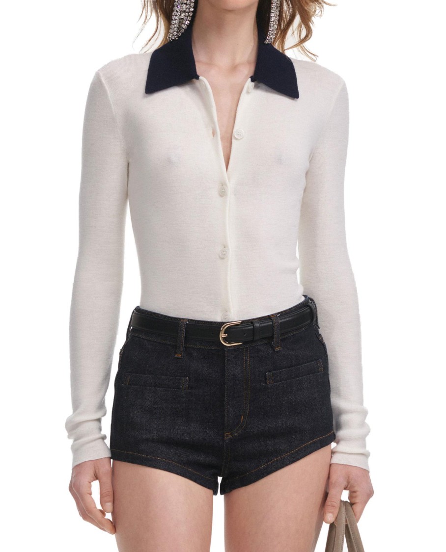 Self-portrait Cream Merino Wool Cardigan In White