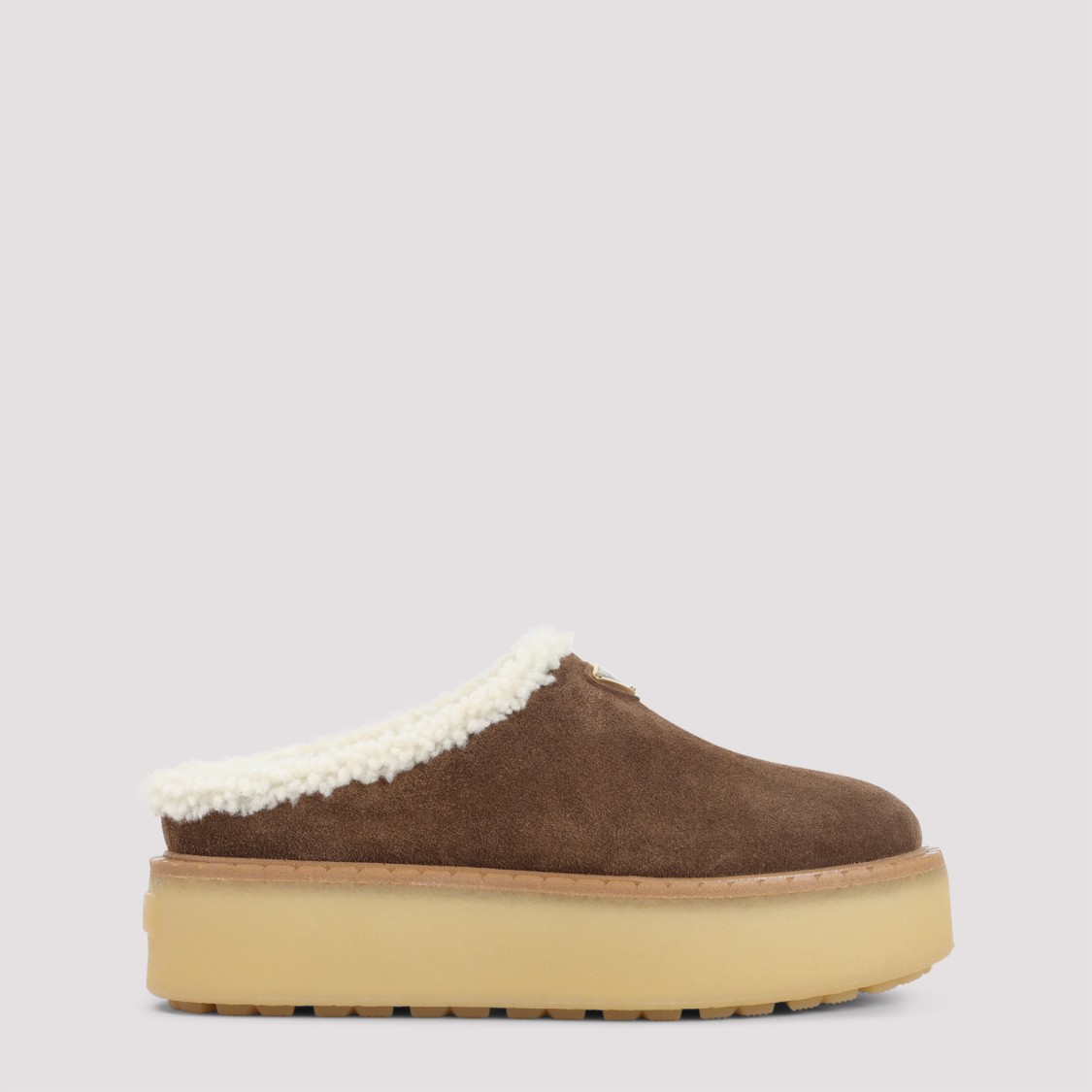 Prada Brown Suede Mules With Shearling Trim And Plush Lining In Blue