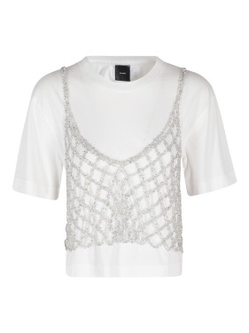 Tシャツ・カットソー Pinko lized Crochet Mesh Overlay Top - White Pinko Metalized Crochet Mesh Overlay Top - White T-Shirt