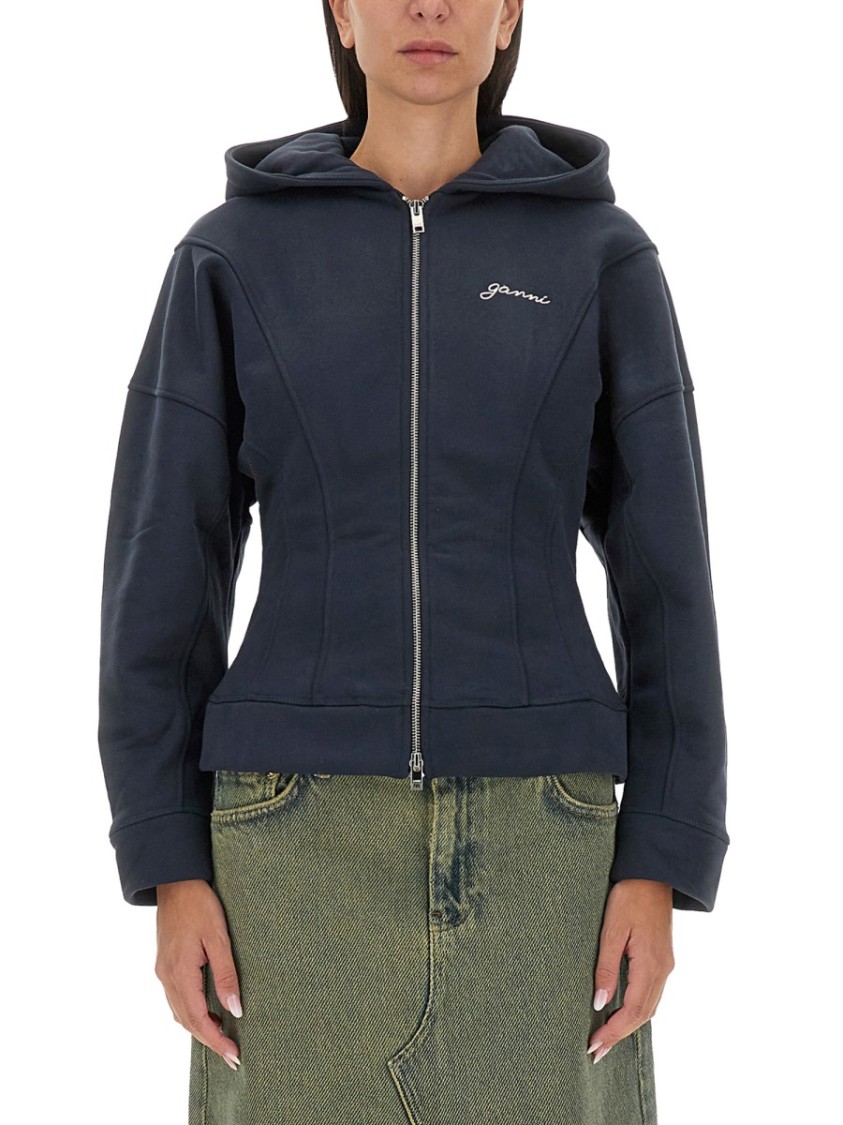 Ganni Slim-fit Hoodie With Structured Silhouette In Blue