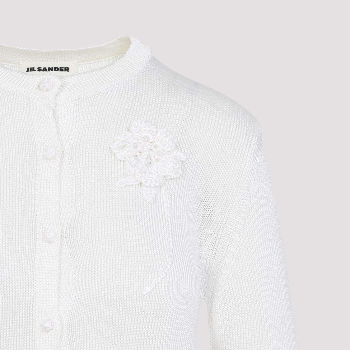 Jil Sander Button-up White Viscose Sweater With Floral Embellishment In White