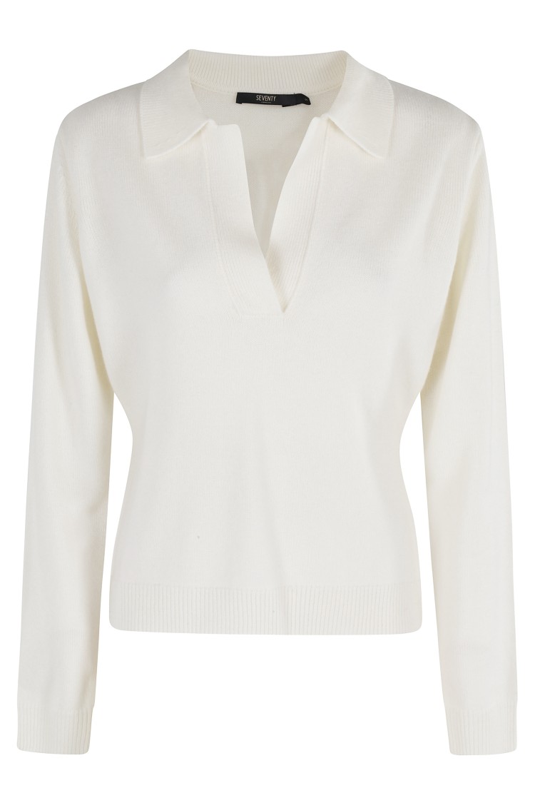 Seventy Long Sleeve Cream Polo Shirt With V-neck And Classic Collar In White
