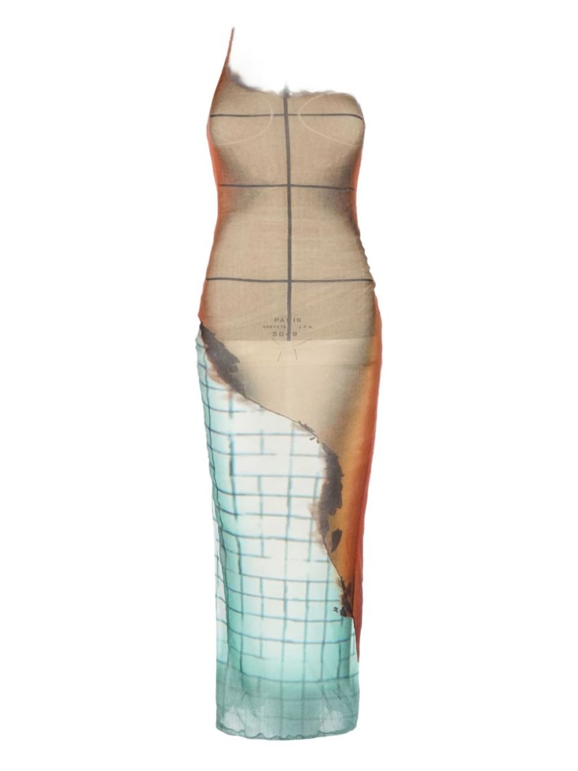Jean Paul Gaultier Fire Printed Mesh Sleeveless Midi Dress In Neutral