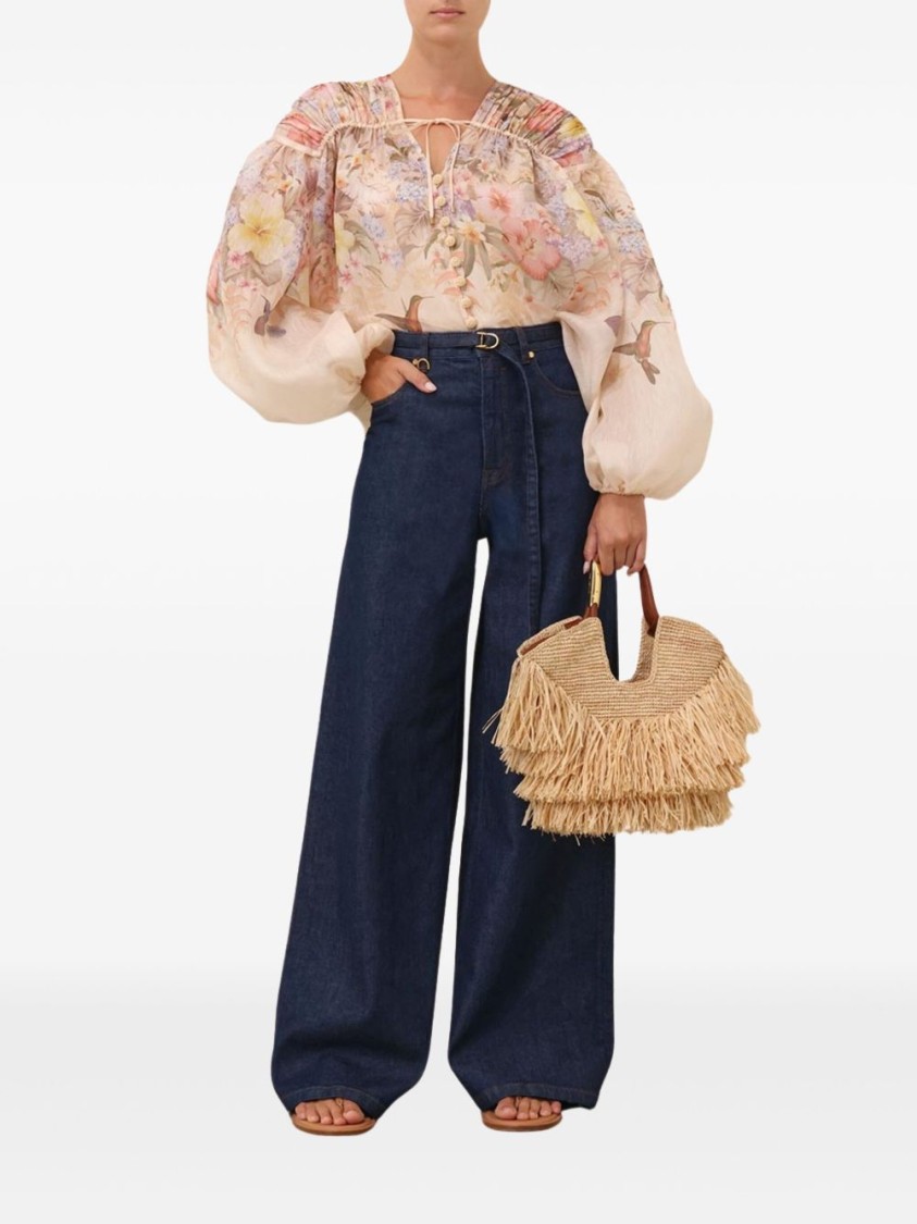 ZIMMERMANN ZIMMERMANN BEIGE LINEN AND SILK BLEND FLORAL BLOUSE 