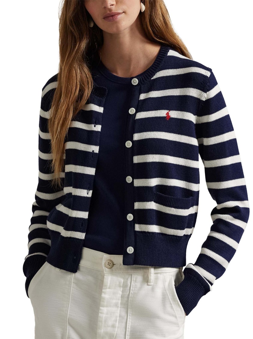 Polo Ralph Lauren Navy Blue And White Striped Cotton Cardigan
