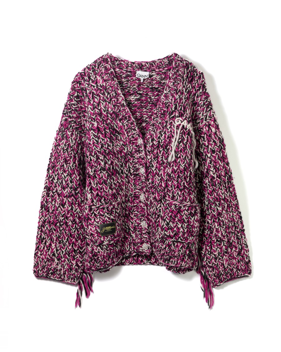 Ganni Oversized Handknitted Cardigan With V-neckline In Purple
