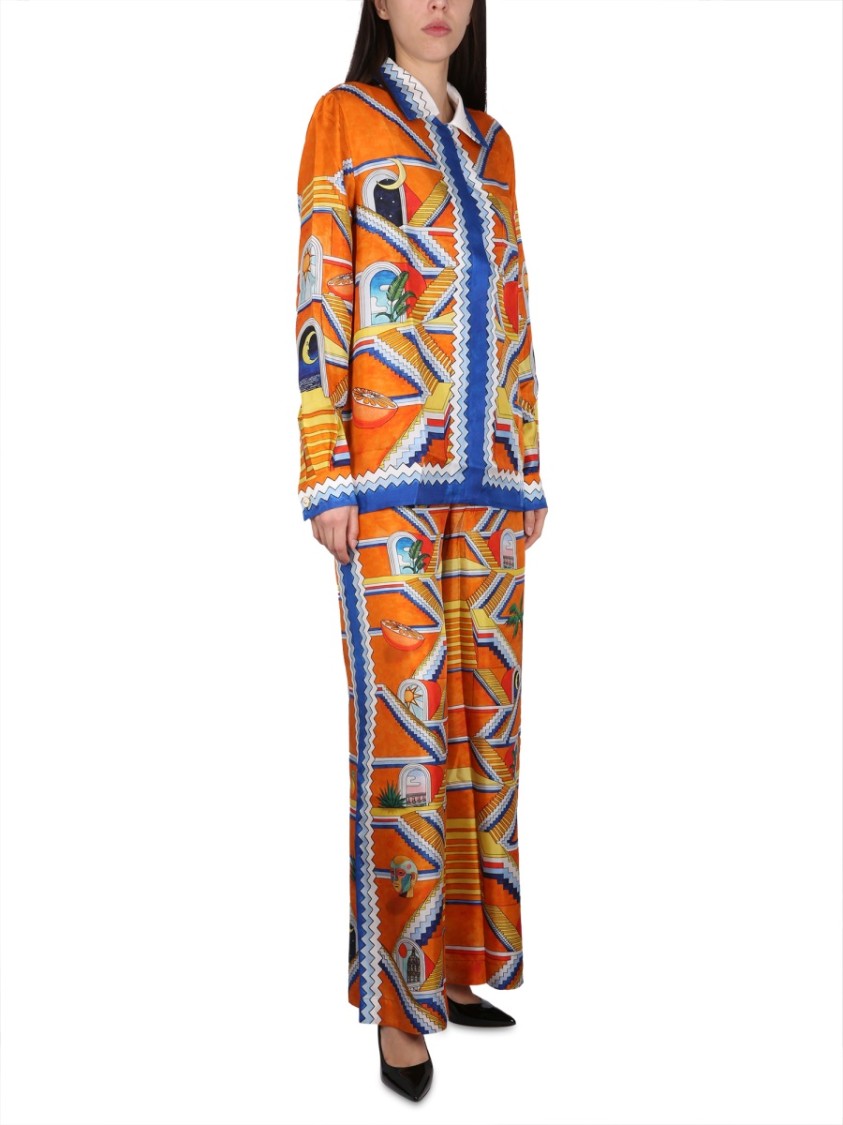 Casablanca Staircase Print Elastic Waist High-waisted Pants
