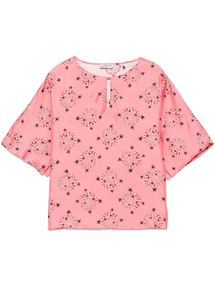 Alberto Biani Relaxed Pink Floral Shirt With Wide Sleeves In Pink
