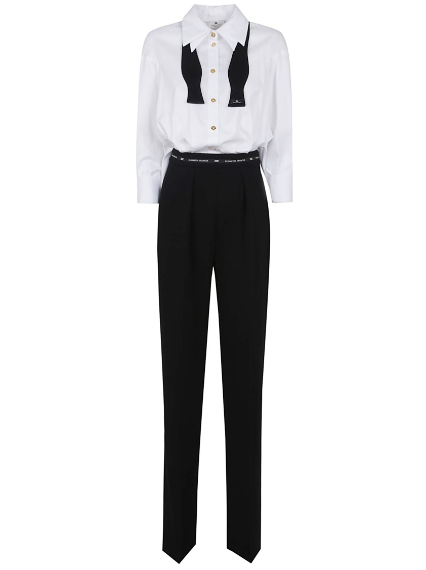 Elisabetta Franchi Striking Jumpsuit With Double Collar And Logo Ribbon Waistband In White
