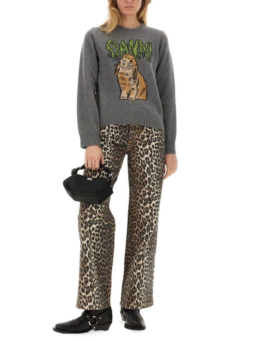 Ganni Bunny Wool Crewneck Sweater In Grey