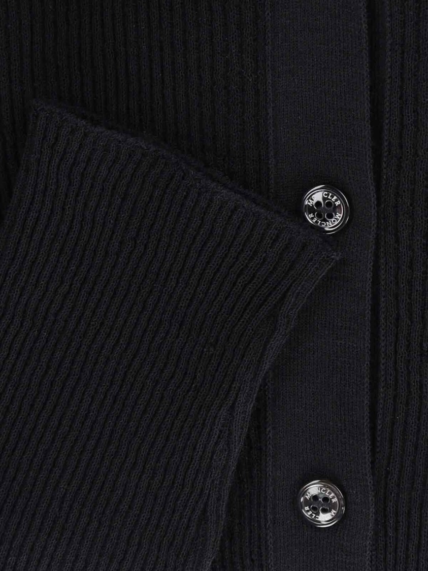 Moncler Sheer Ribbed Cotton Long-sleeve Polo In Black