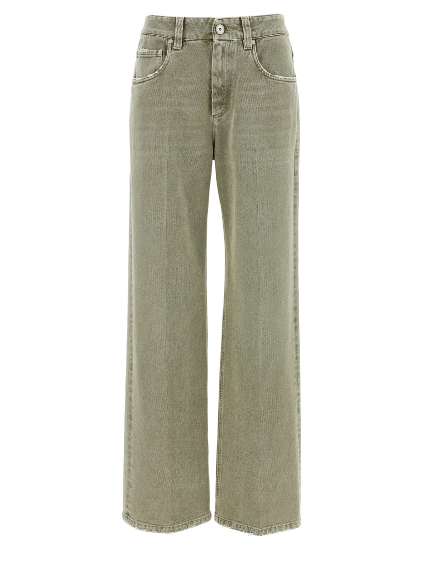 Brunello Cucinelli Garment-dyed Cotton Wide Leg Jeans In Green