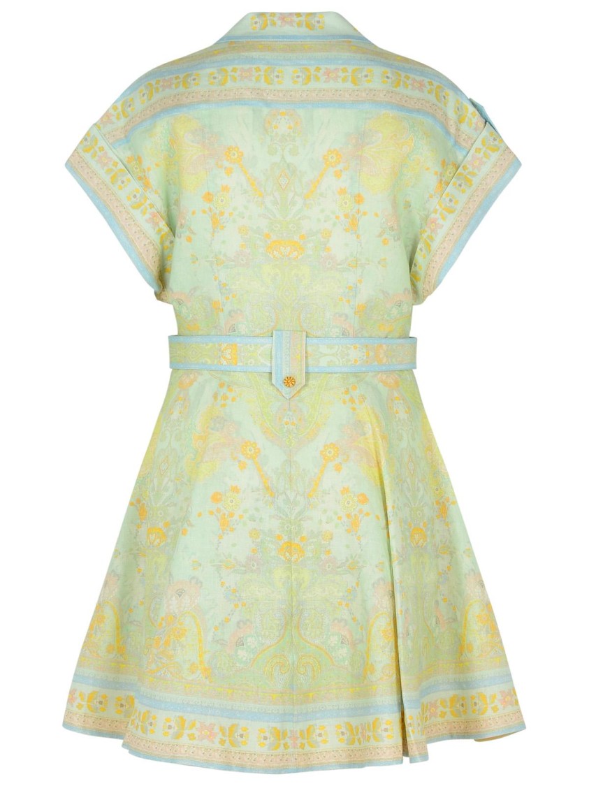 Zimmermann Acacia Belted Paisley-print Linen Mini Shirt Dress In Green